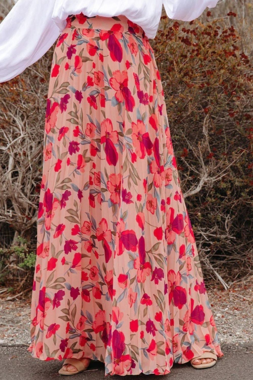 Women'S Boho Vintage Floral Print Maxi Skirt Elastic High Waist Pleated Flowy A