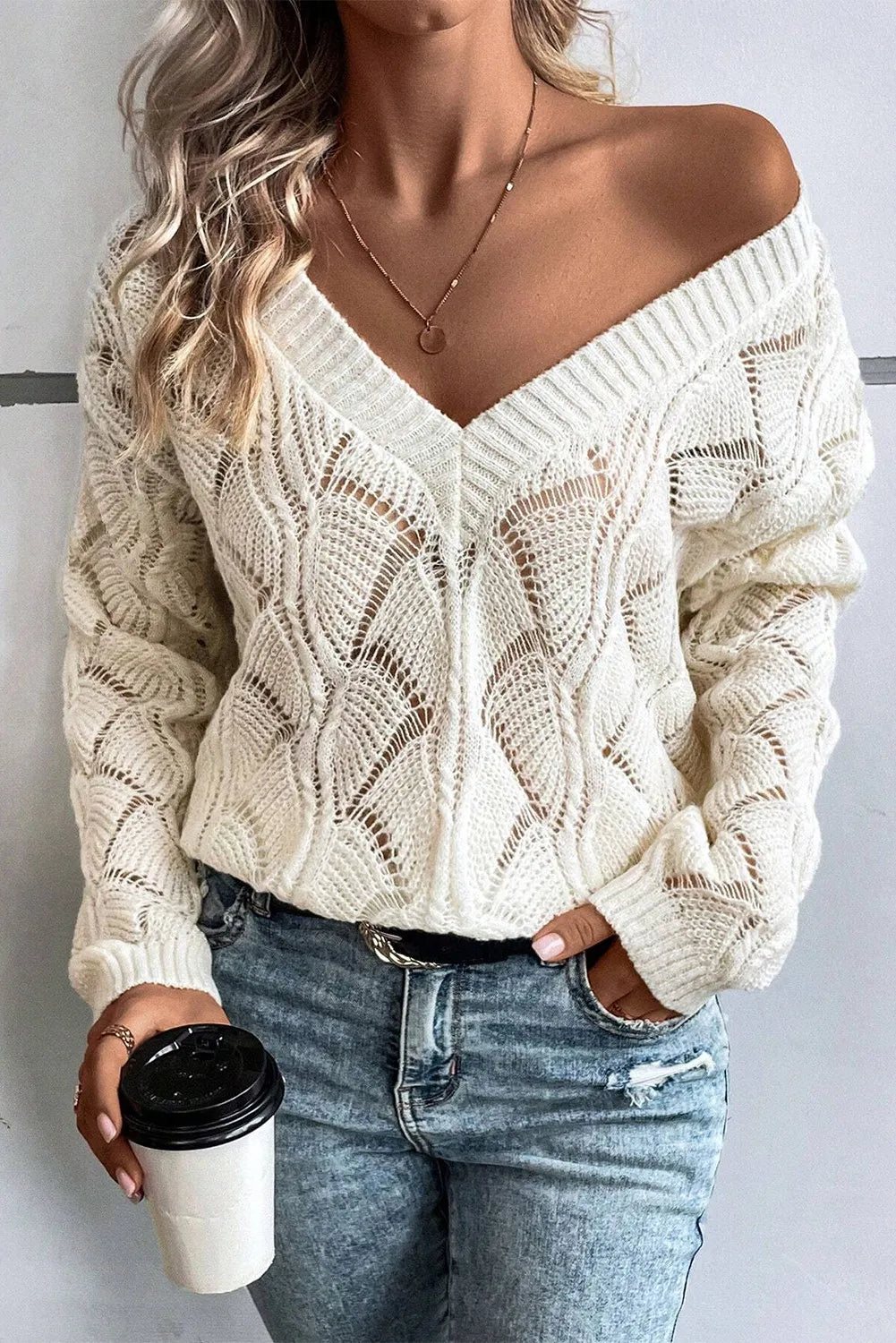 Openwork V-Neck Long Sleeve Sweater