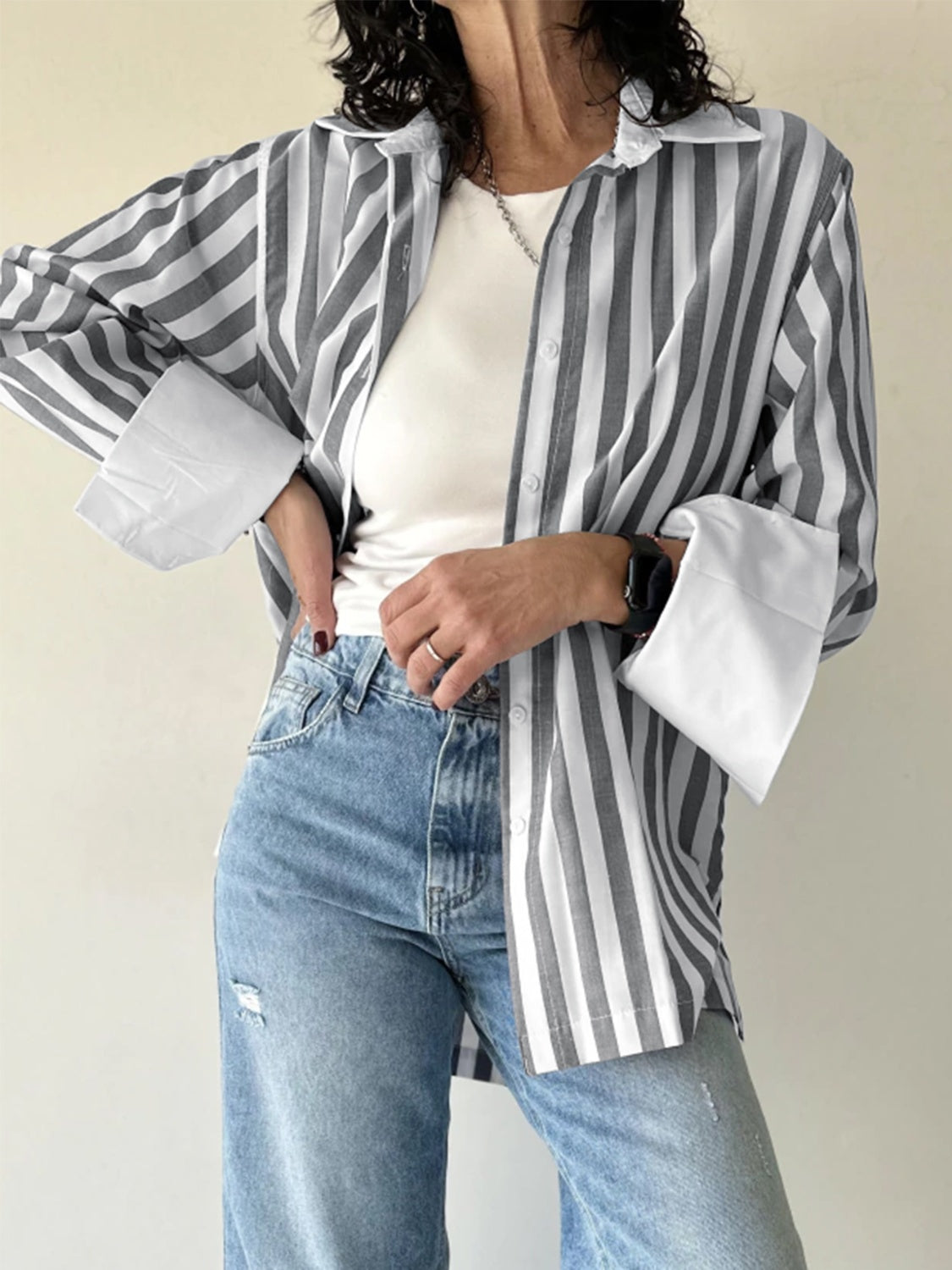 Striped Collared Neck Long Sleeve Shirt