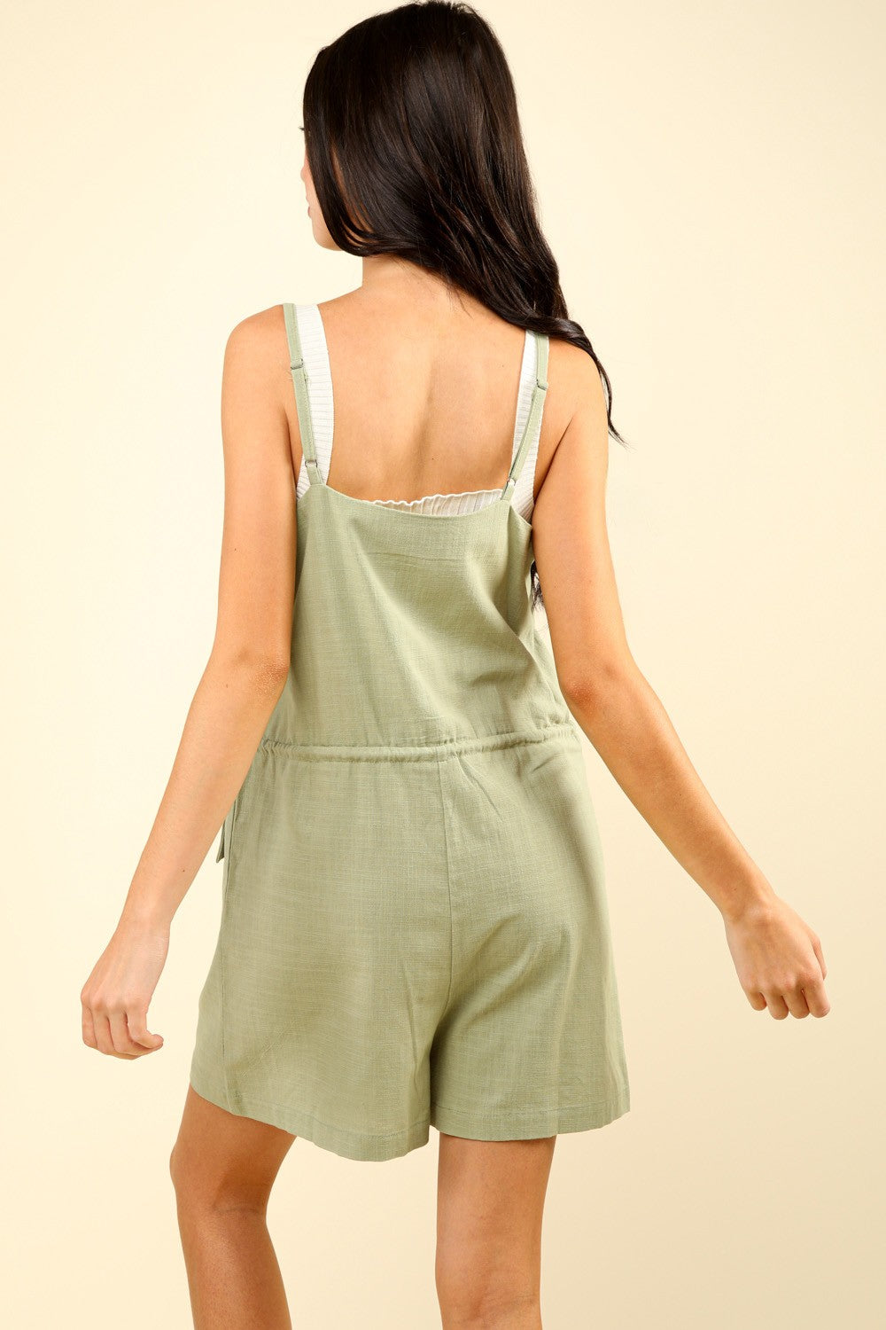 VERY J Half Button Drawstring Sleeveless Romper