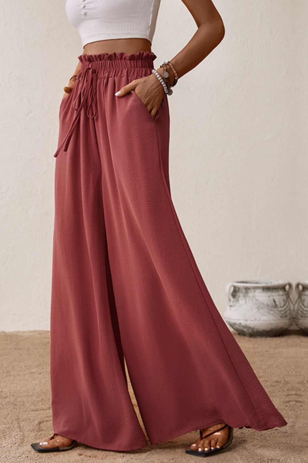 Perfee Smocked Paperbag Waist Wide Leg Pants