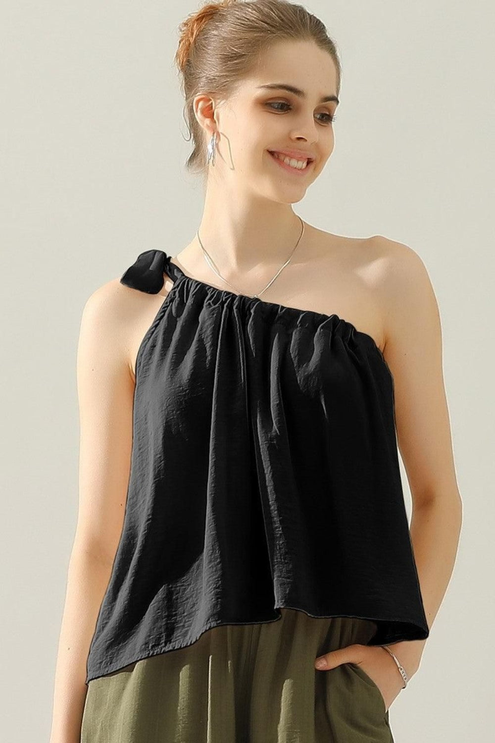 Ninexis One Shoulder Bow Tie Strap Satin Silk Top