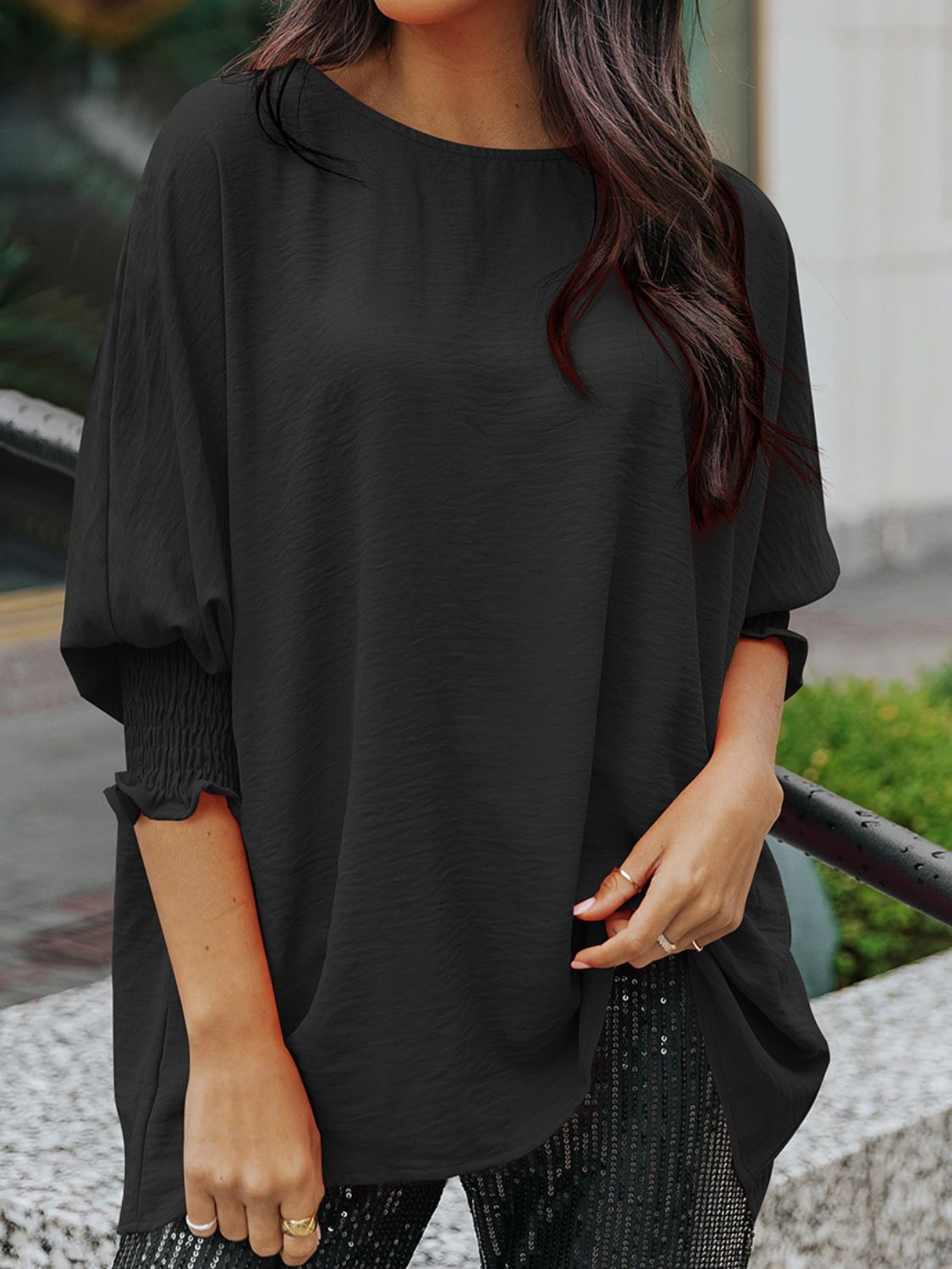 Boat Neck Three-Quarter Sleeve Blouse