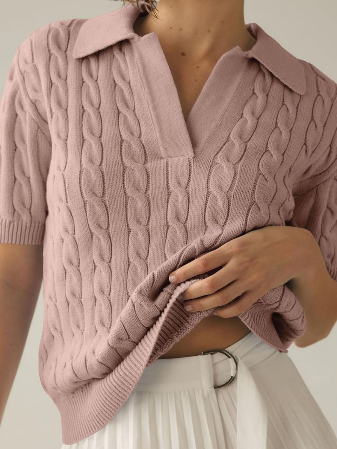 Cable-Knit Collared Neck Half Sleeve Sweater