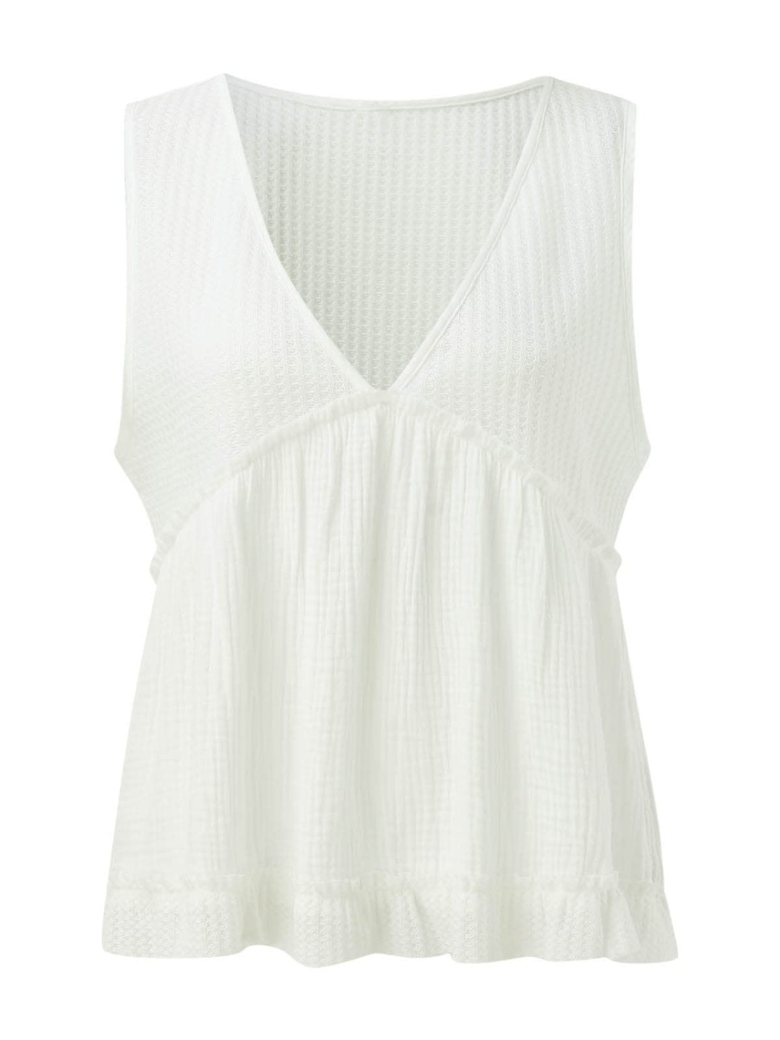 MeiMei Waffle-Knit Frill V-Neck Tank