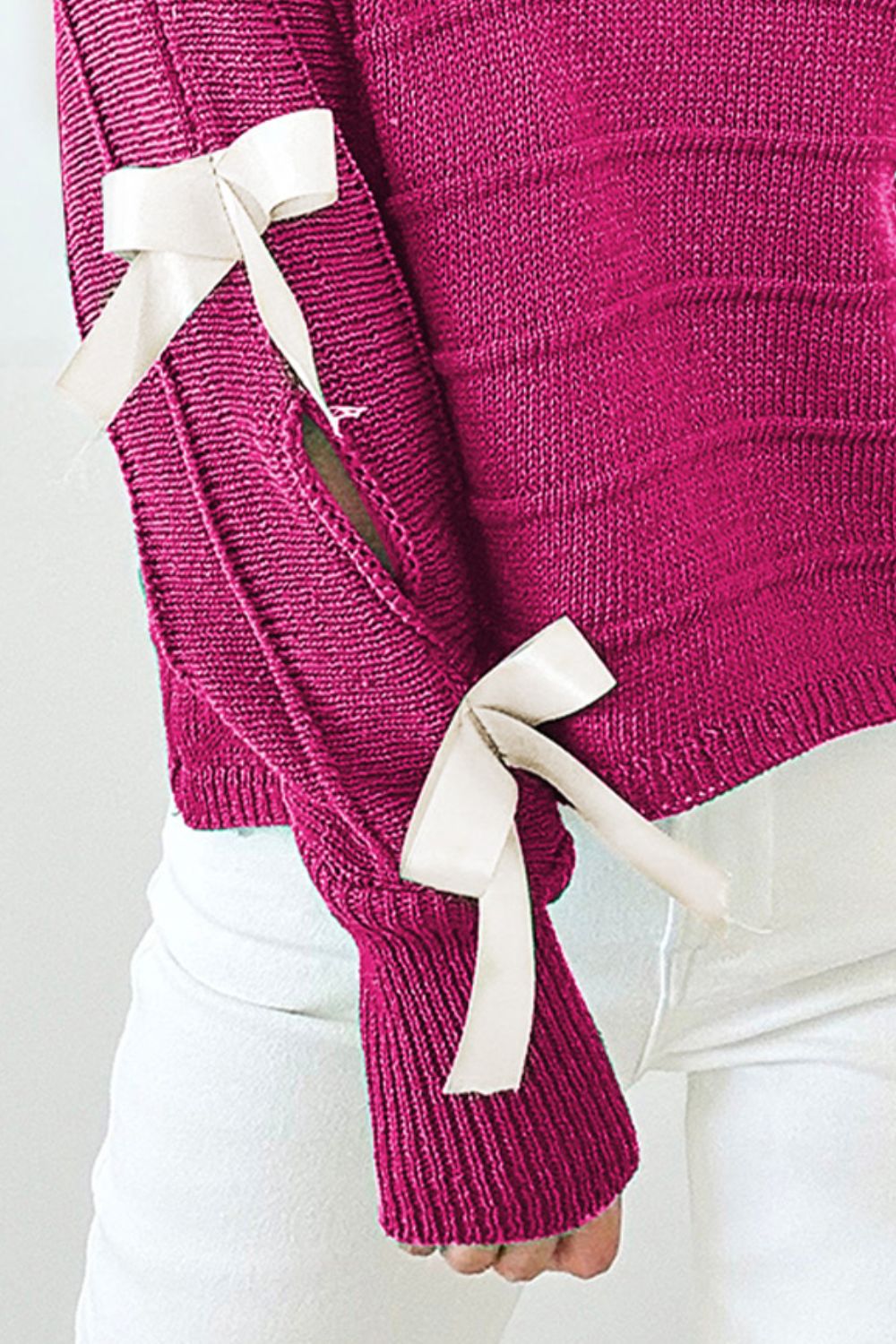 Bow Cutout Round Neck Long Sleeve Knit Top