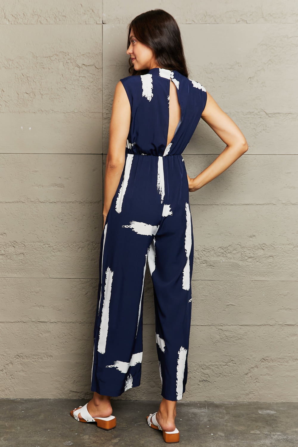 Perfee Printed Round Neck Cutout Jumpsuit with Pockets